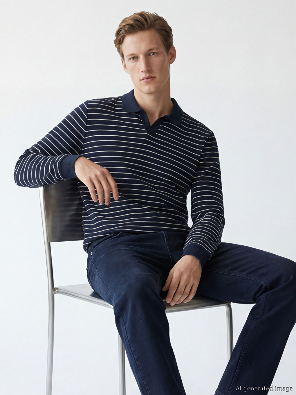 Lacivert Polo Yaka Çizgili Erkek Sweatshirt