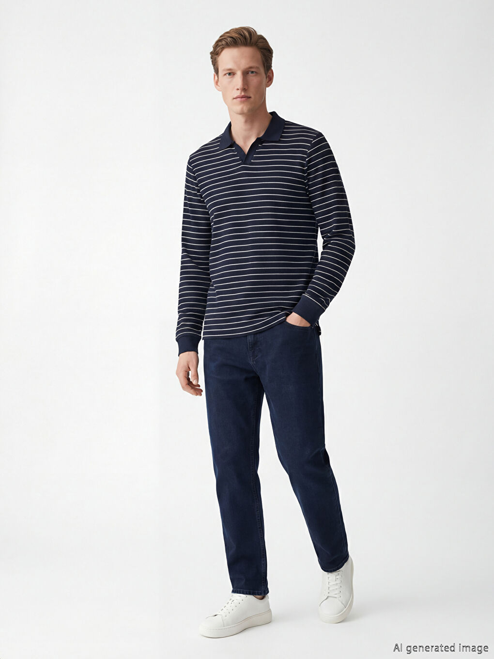 Lacivert Polo Yaka Çizgili Erkek Sweatshirt-1