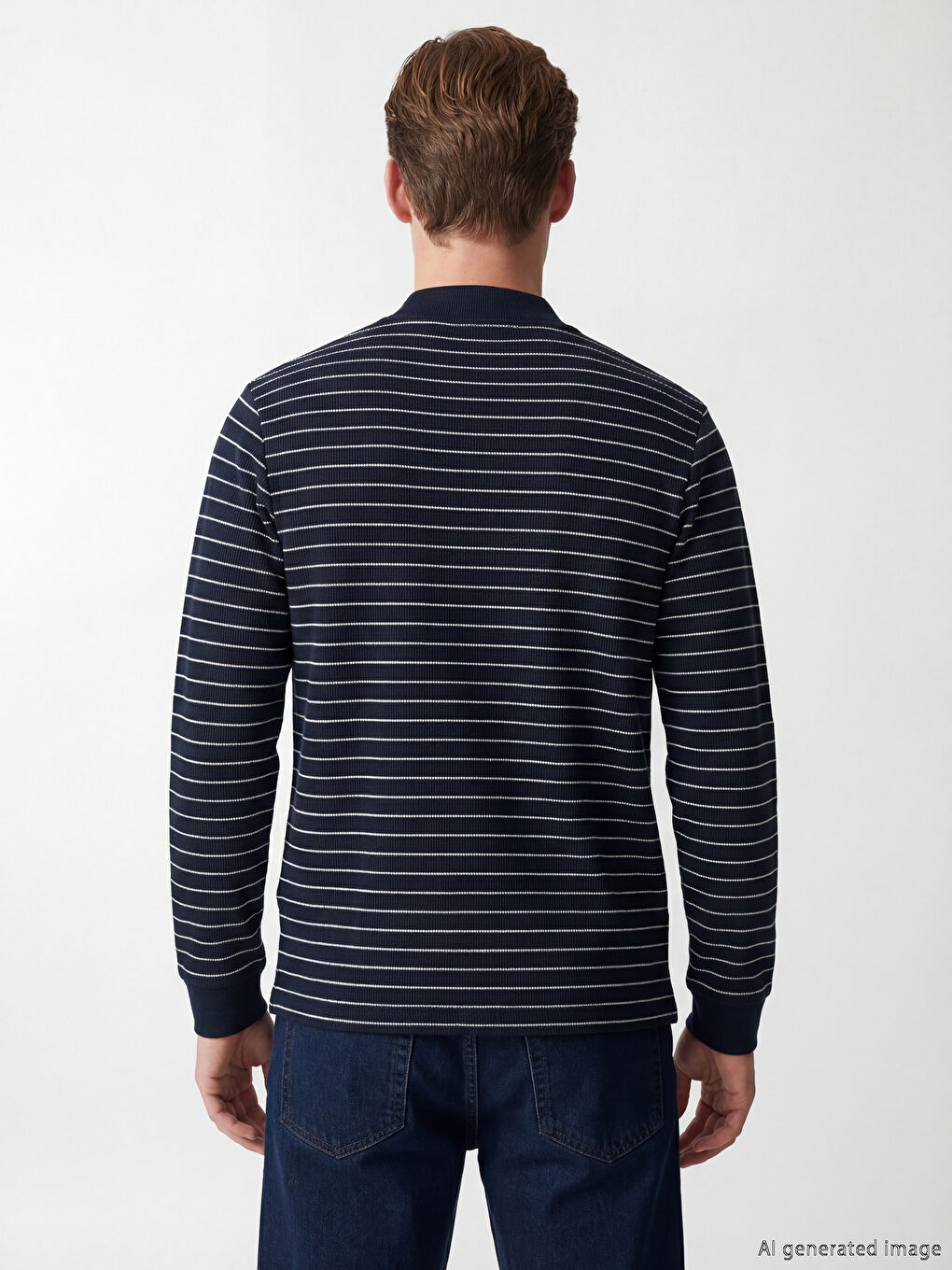 Lacivert Polo Yaka Çizgili Erkek Sweatshirt-3