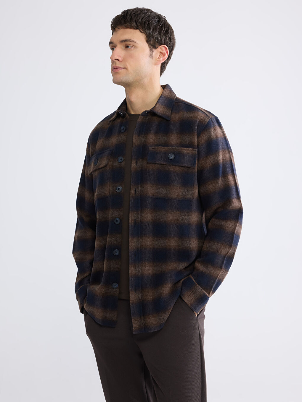 Kahverengi Rahat Kalıp Ekose Yün Karışımlı Erkek Gömlek Ceket