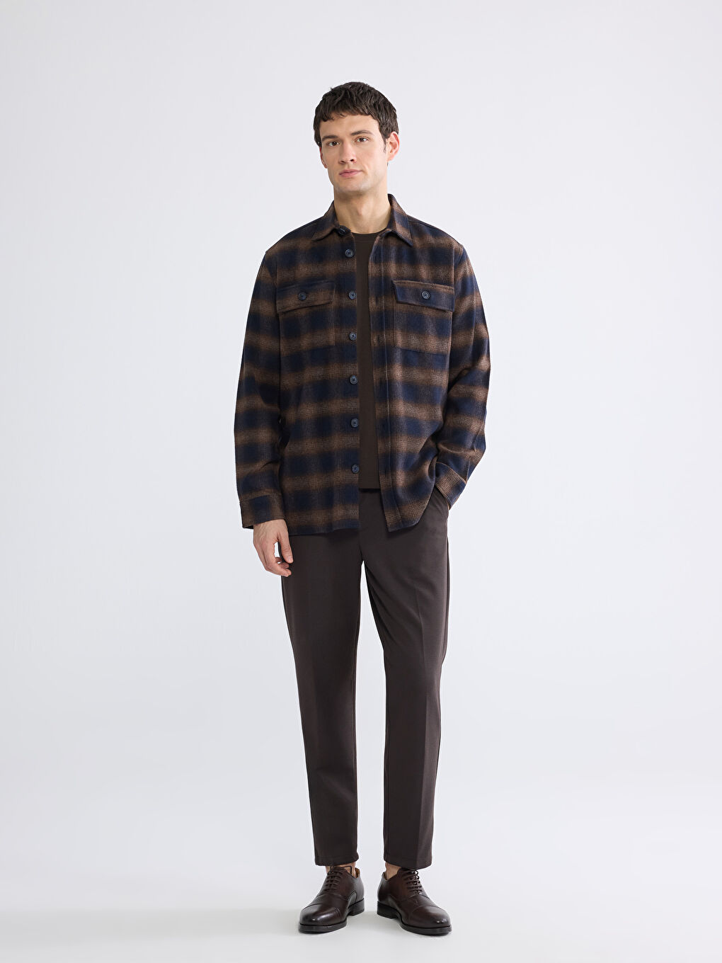 Kahverengi Rahat Kalıp Ekose Yün Karışımlı Erkek Gömlek Ceket-1
