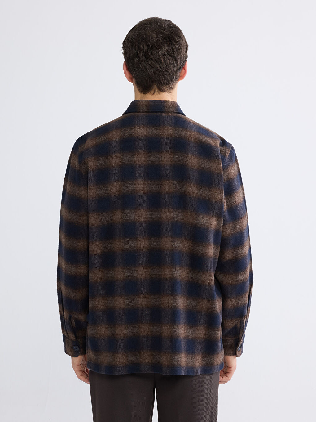 Kahverengi Rahat Kalıp Ekose Yün Karışımlı Erkek Gömlek Ceket-3