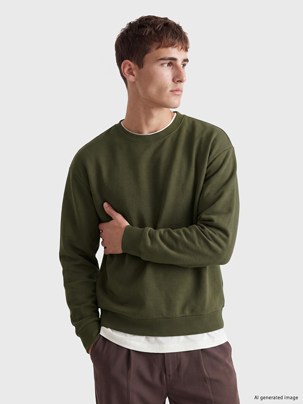 Haki Bisiklet Yaka Erkek Sweatshirt