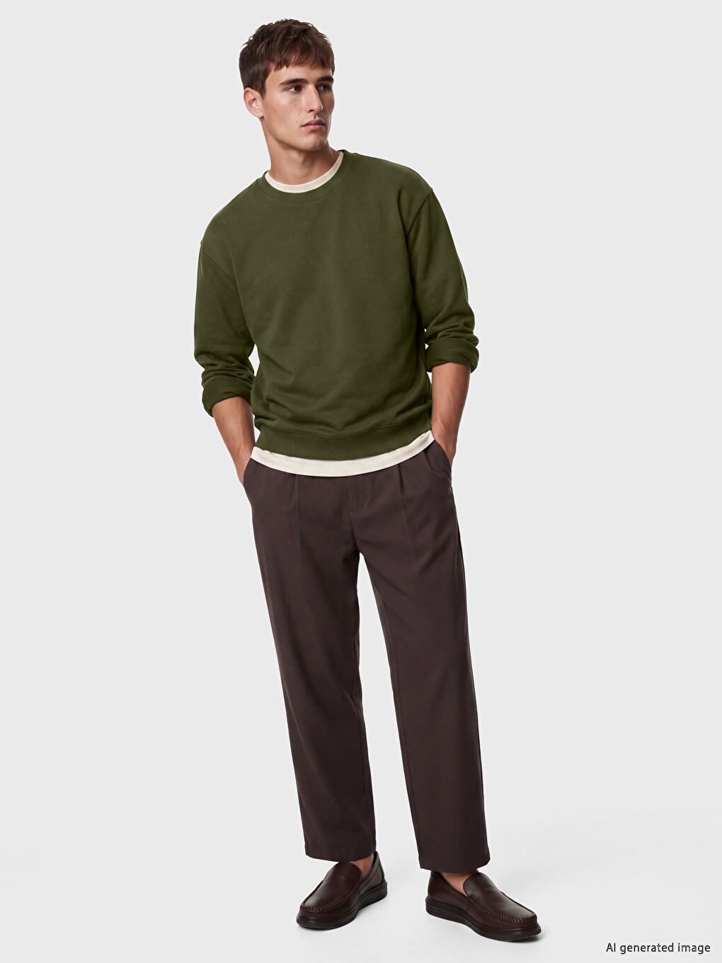 Haki Bisiklet Yaka Erkek Sweatshirt-1