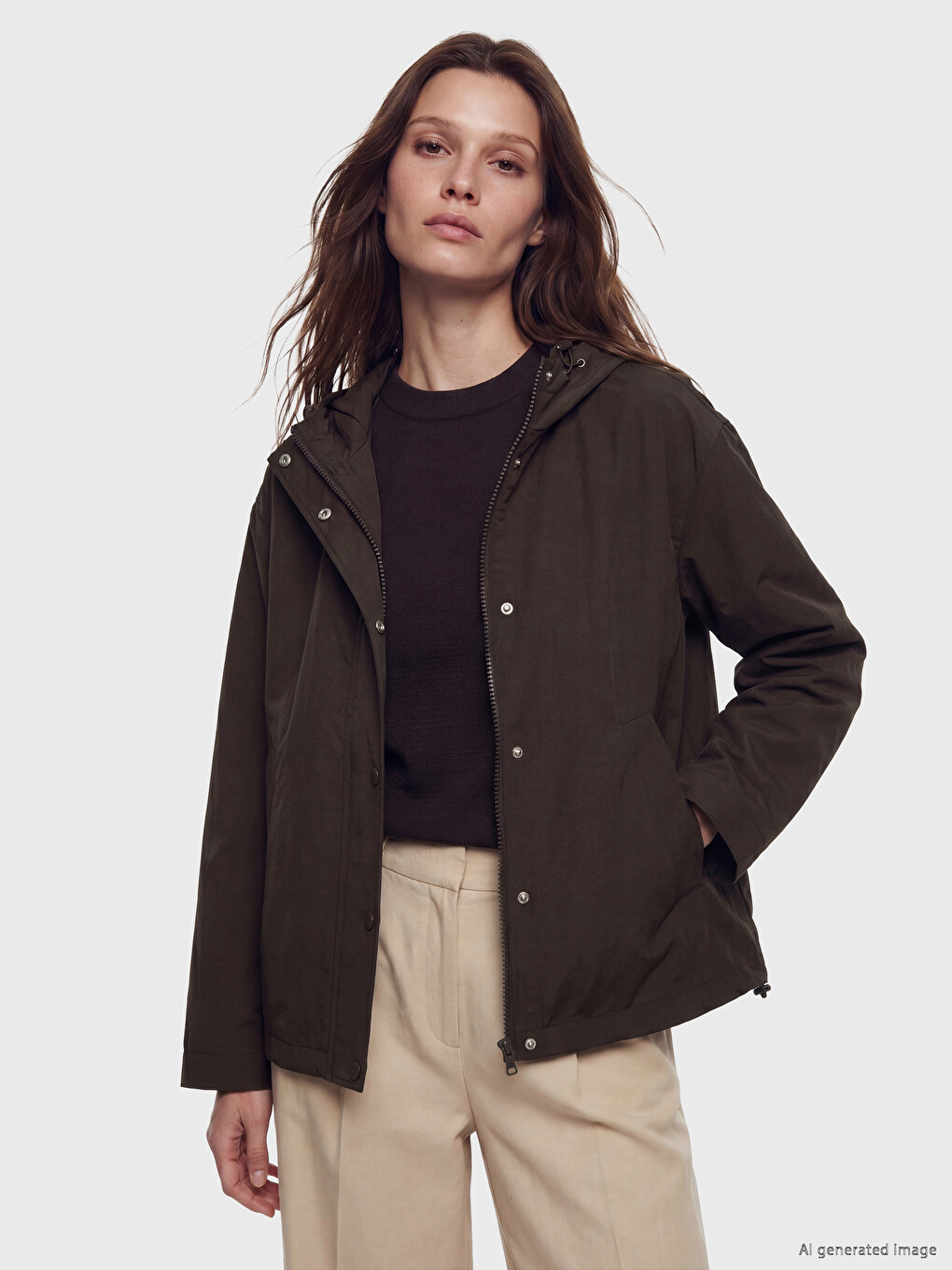 Kahverengi Kapüşonlu Oversize Kadın Yağmurluk