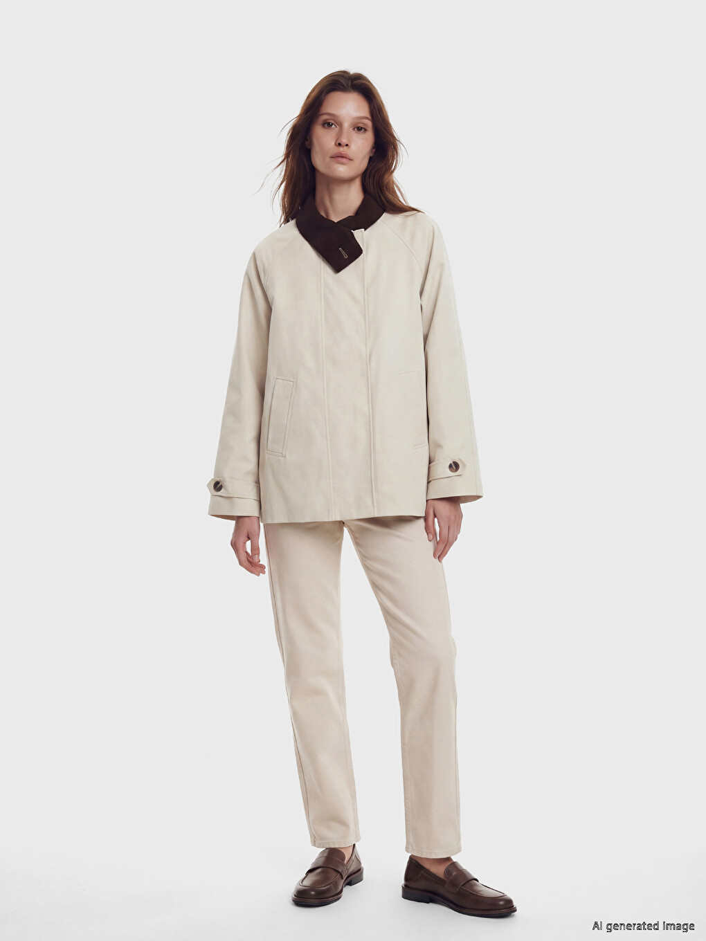 Bej Asimetrik Gömlek Yaka Oversize Kadın Trençkot-1