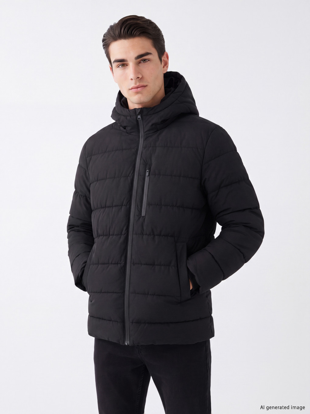 Siyah Regular Fit Kapüşonlu Erkek Mont