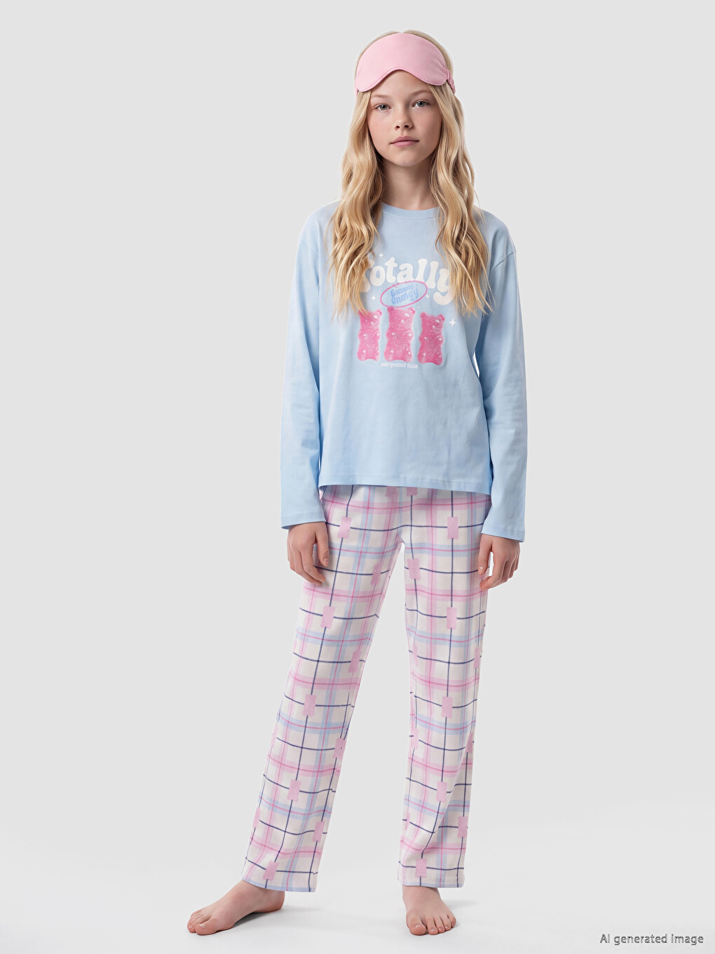 Mavi Bisiklet Yaka Kız Çocuk Pijama Takım-1