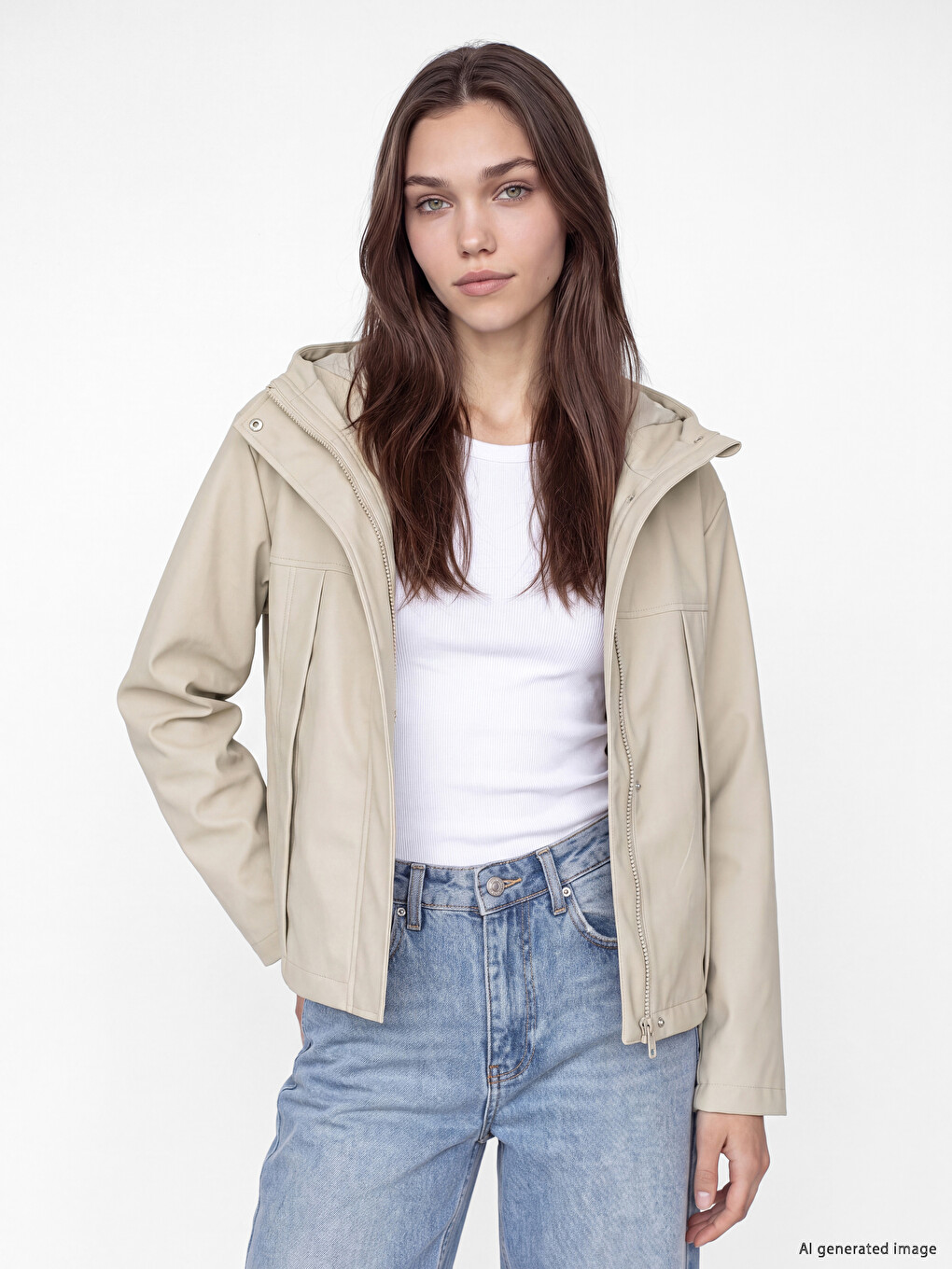 Bej Kapüşonlu Oversize Kadın Yağmurluk