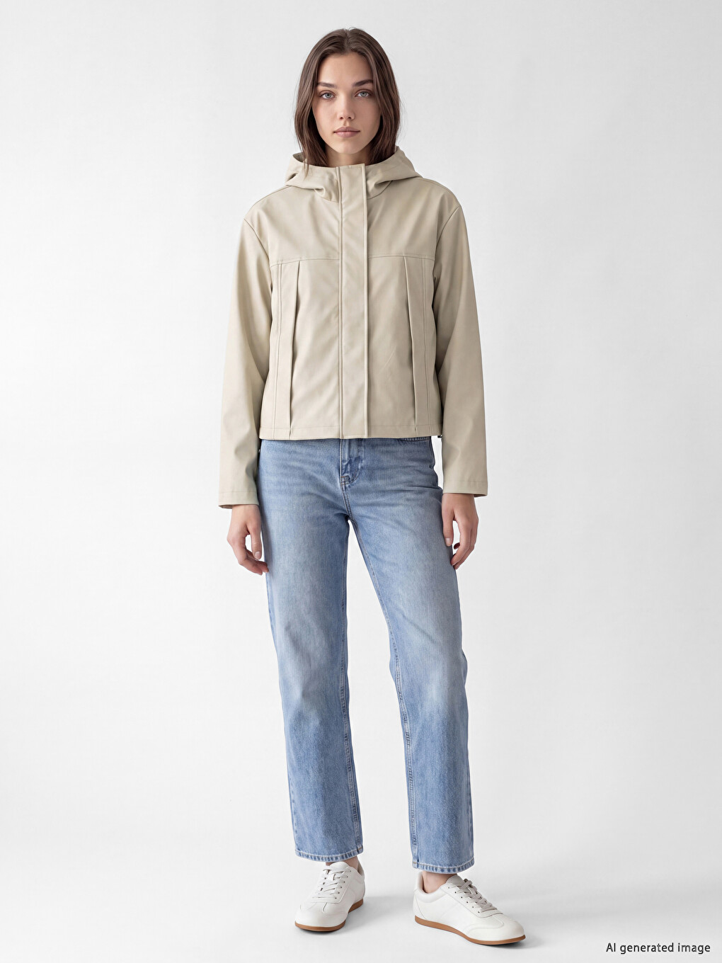 Bej Kapüşonlu Oversize Kadın Yağmurluk-1