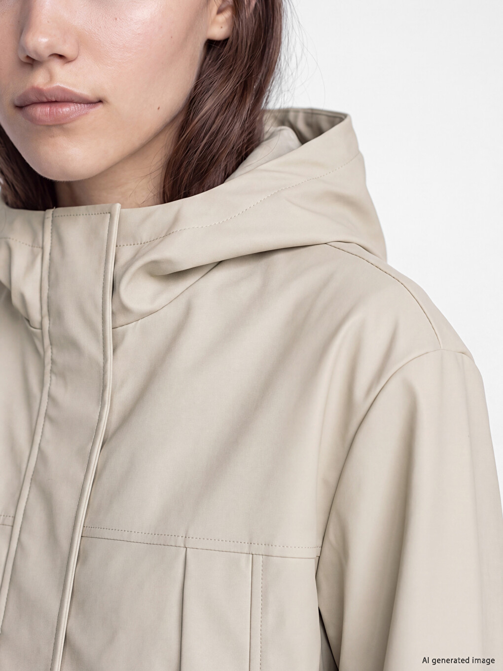 Bej Kapüşonlu Oversize Kadın Yağmurluk-2