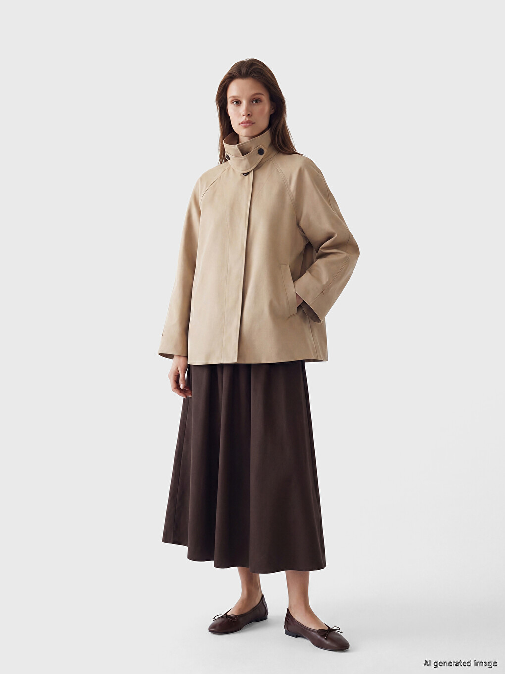Bej Gömlek Yaka Oversize Kadın Trençkot-1