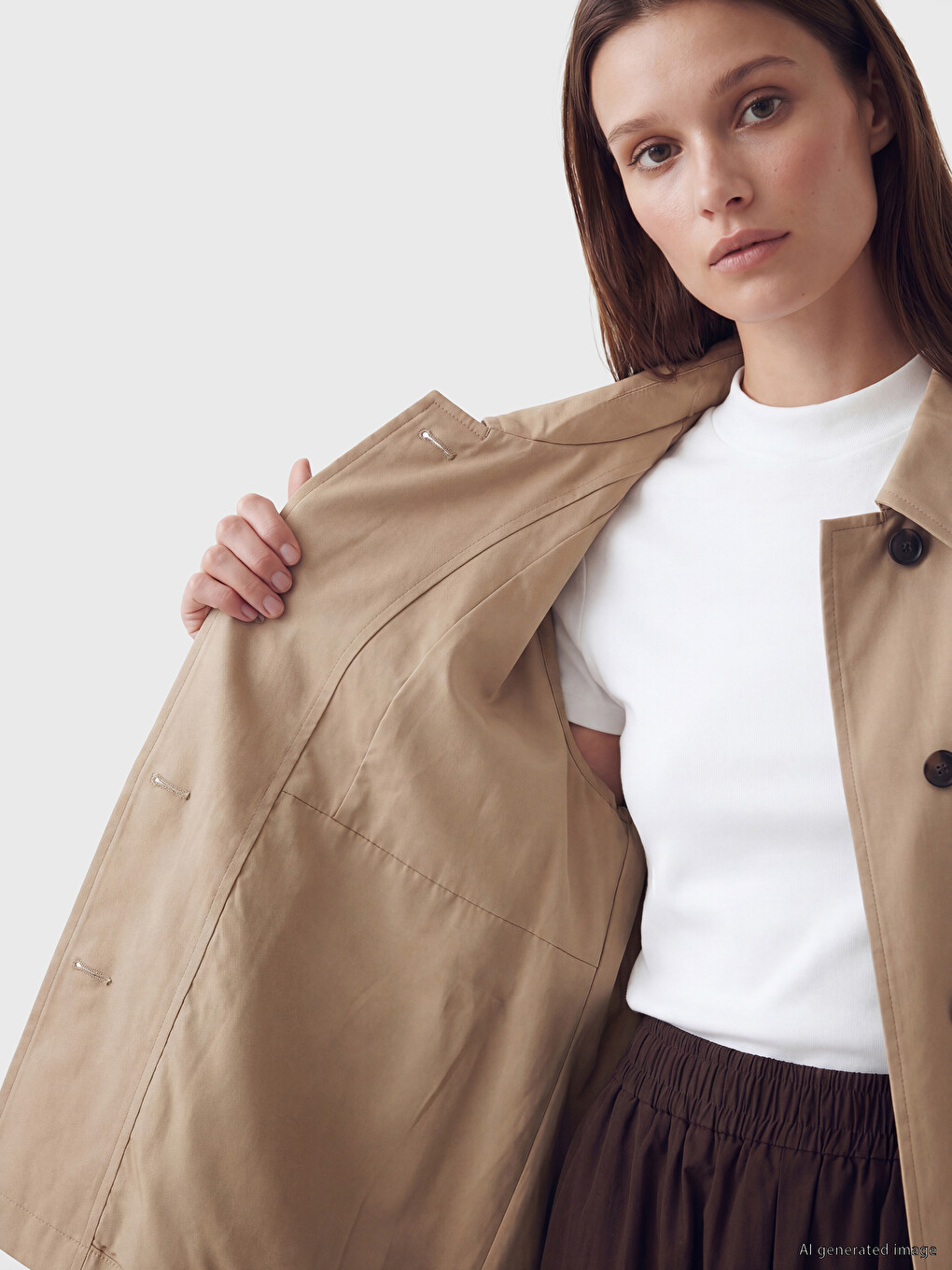 Bej Gömlek Yaka Oversize Kadın Trençkot-3