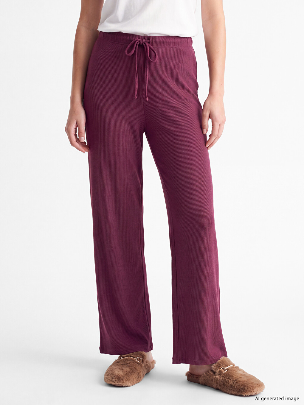 Bordo Beli Lastikli Geniş Paça Kadın Pijama Altı-1