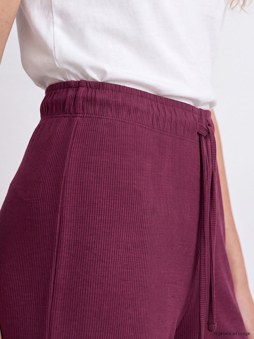 Bordo Beli Lastikli Geniş Paça Kadın Pijama Altı-2