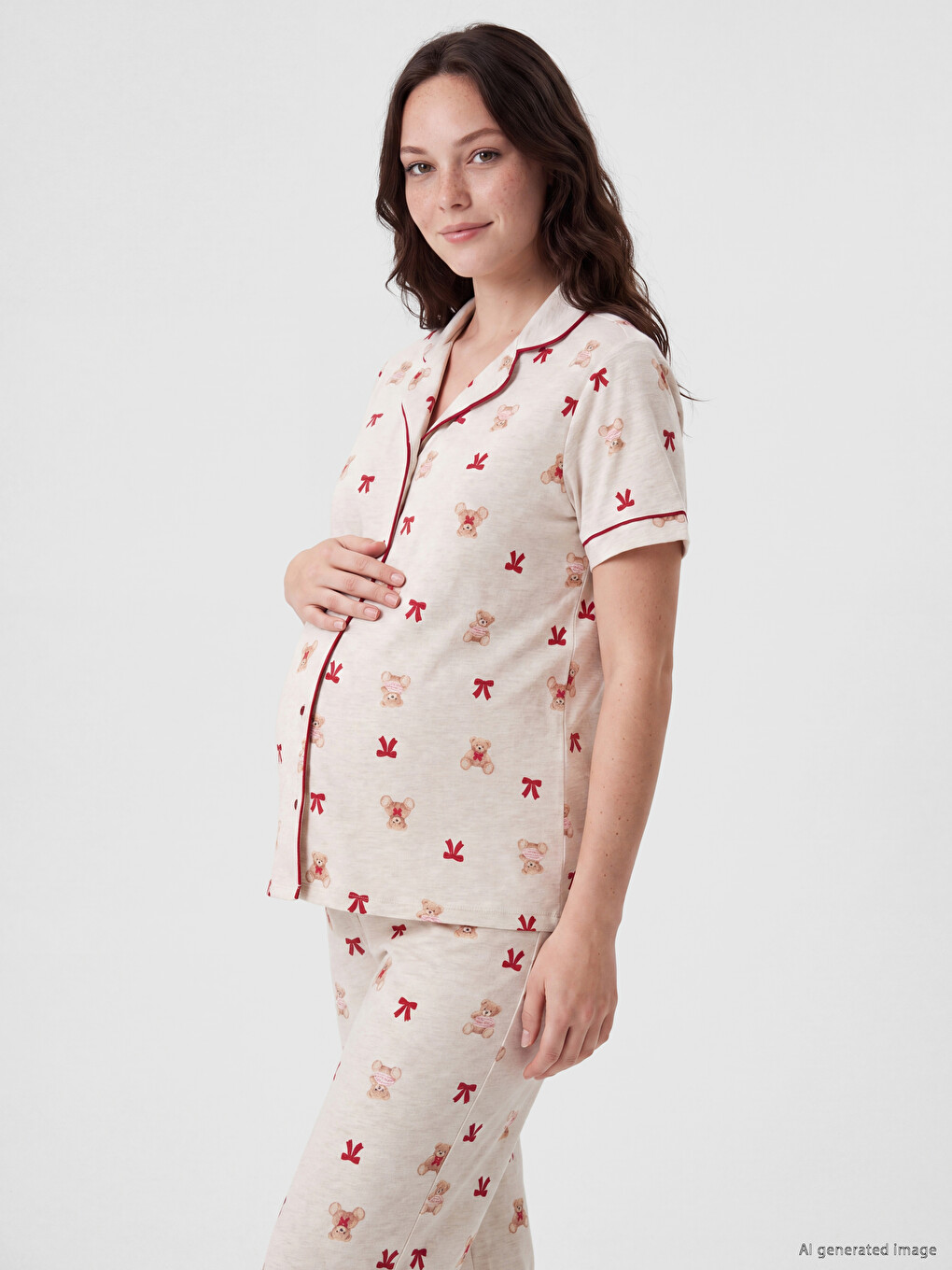 Bej Gömlek Yaka Baskılı Hamile Pijama Takımı-1