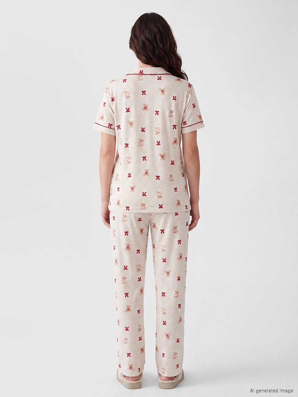 Bej Gömlek Yaka Baskılı Hamile Pijama Takımı-3