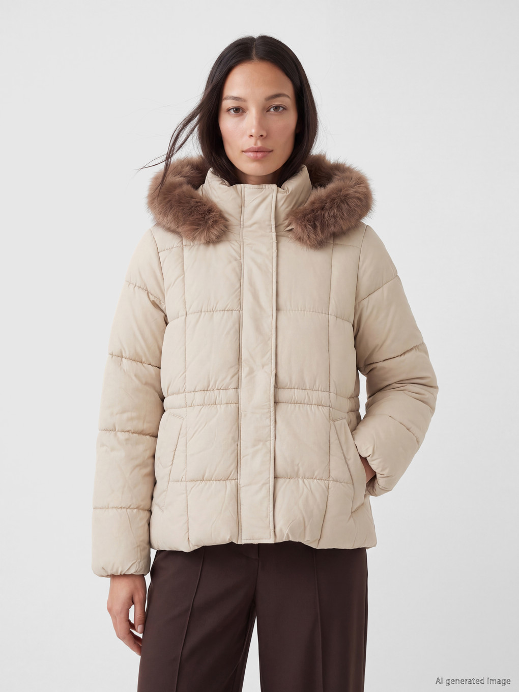 Woman Beige Puffer Coat