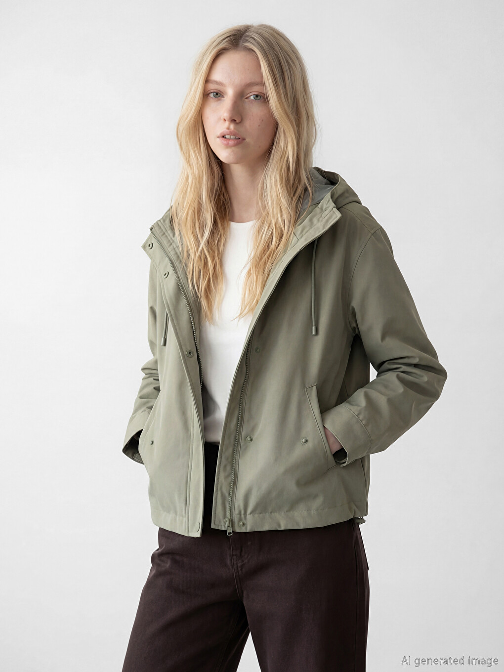 Haki Kapüşonlu Oversize Kadın Ceket