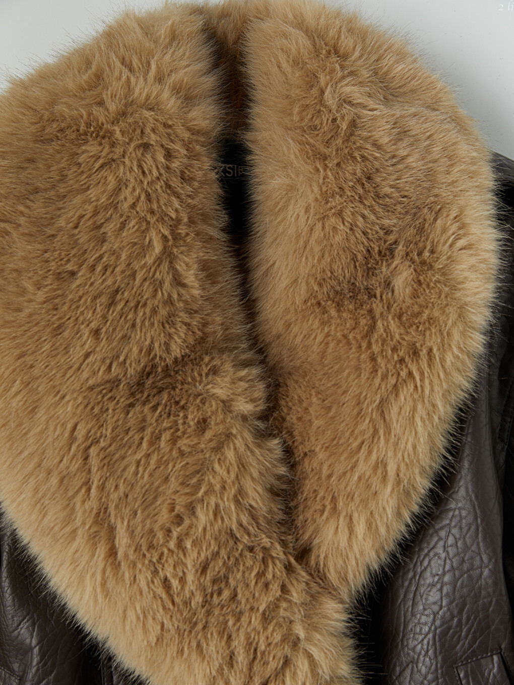 Fur Collar Women's Leather Look Coat-6