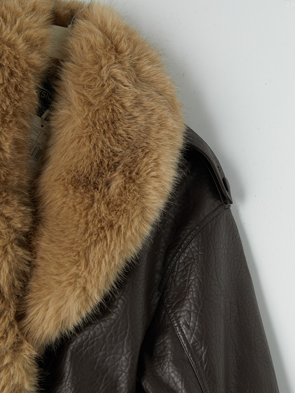 Fur Collar Women's Leather Look Coat-7