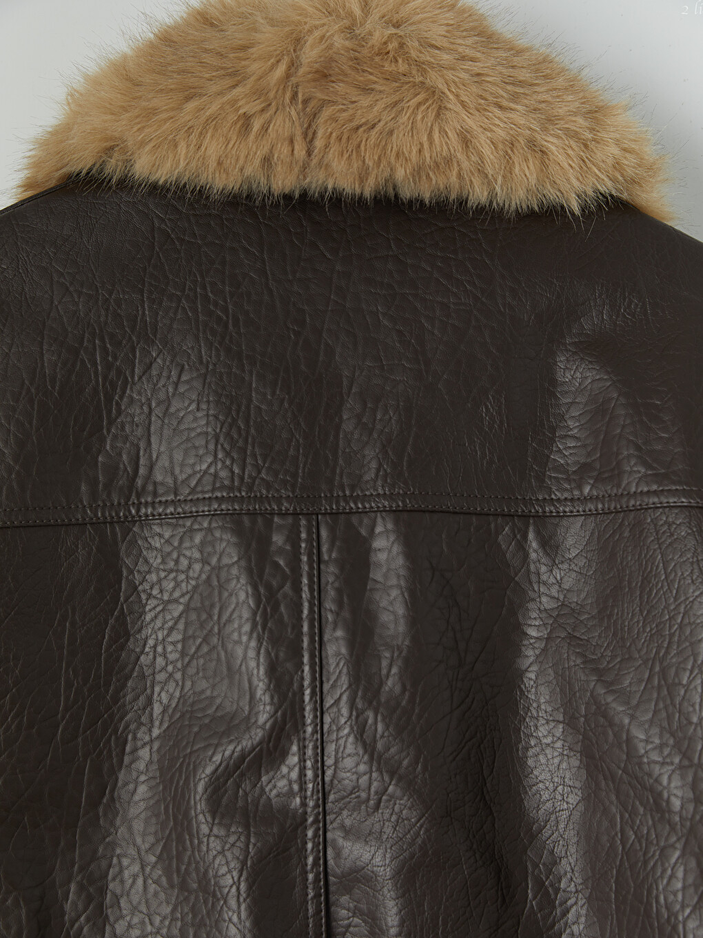 Fur Collar Women's Leather Look Coat-8