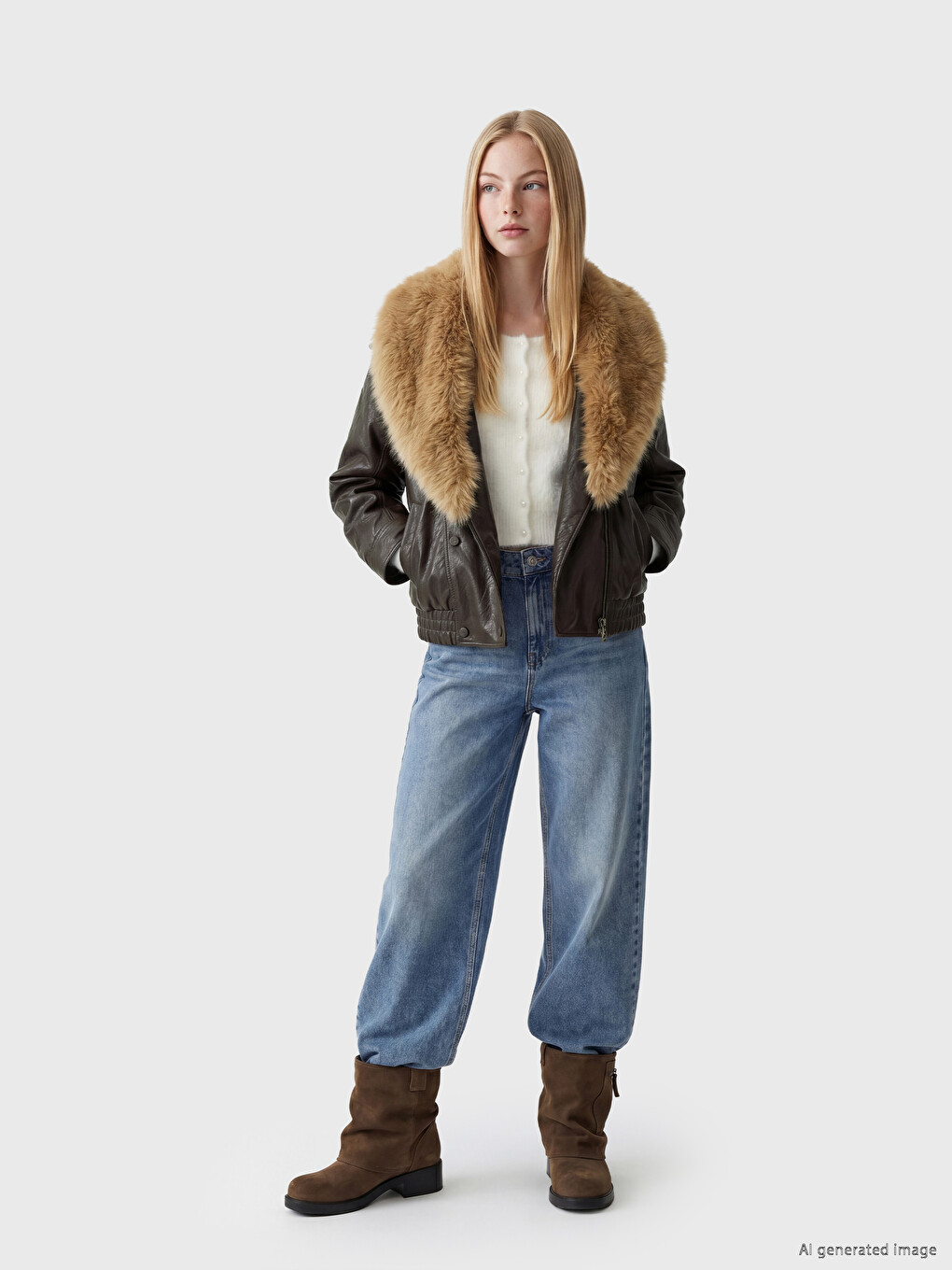 Fur Collar Women's Leather Look Coat-1