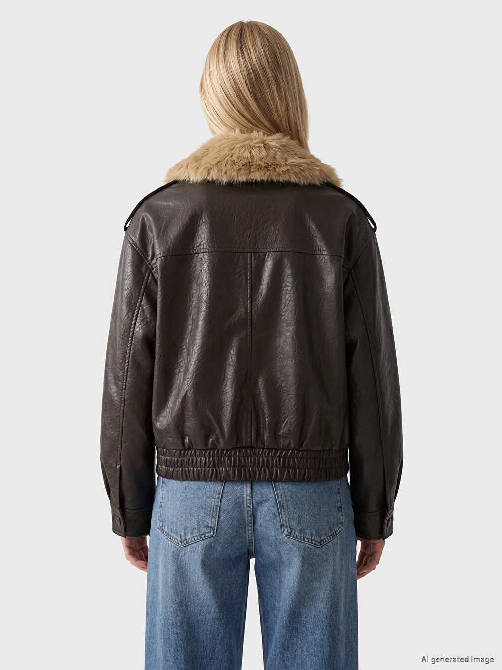 Fur Collar Women's Leather Look Coat-3