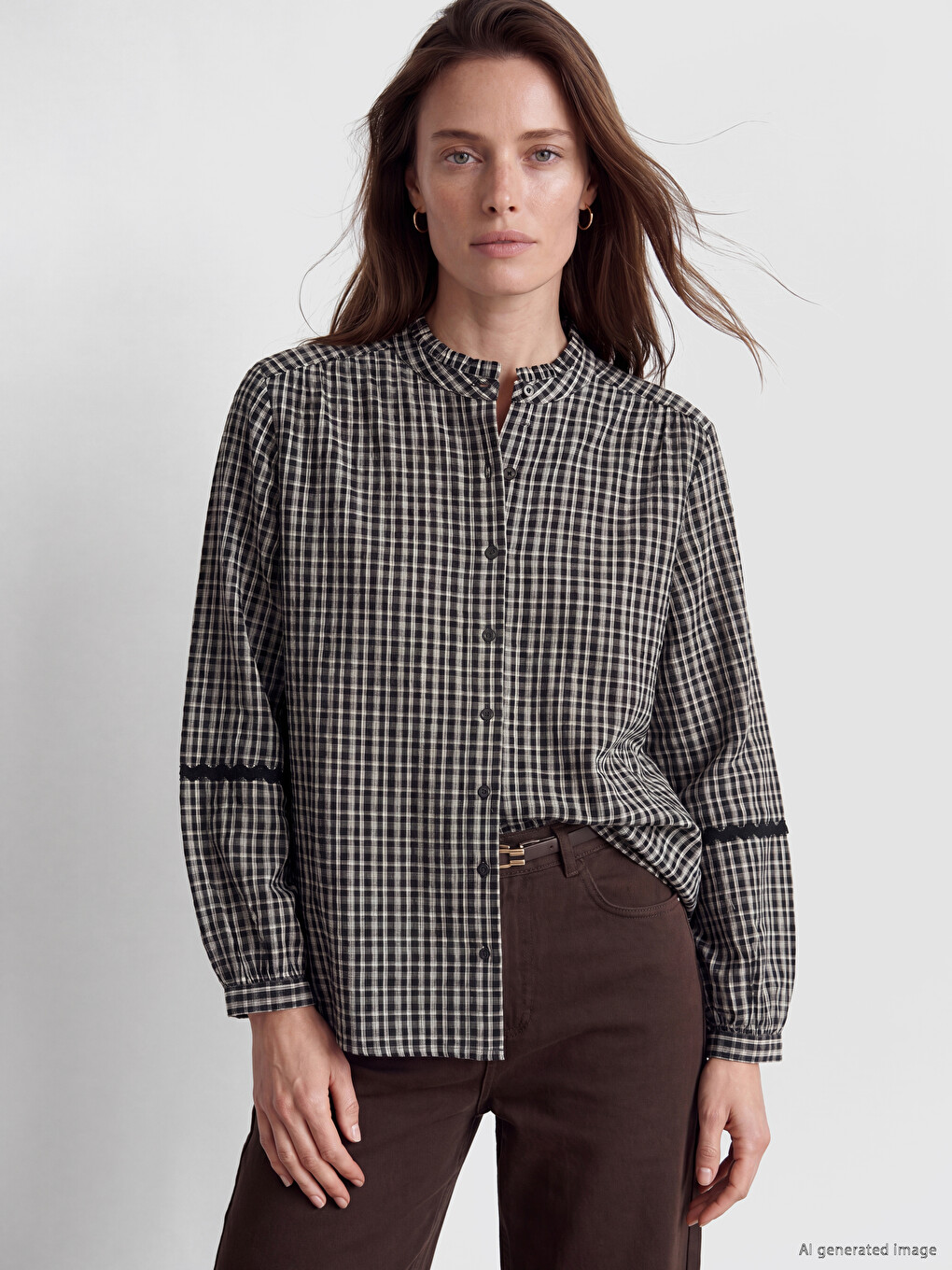 Grandad Collar Plaid Women's Shirt-1