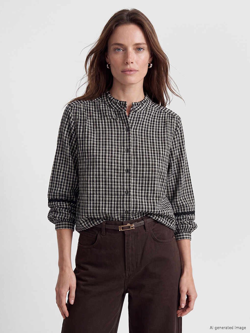 Grandad Collar Plaid Women's Shirt