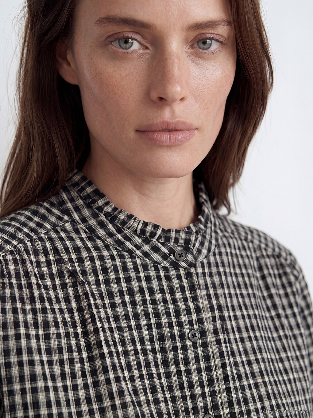 Grandad Collar Plaid Women's Shirt-5
