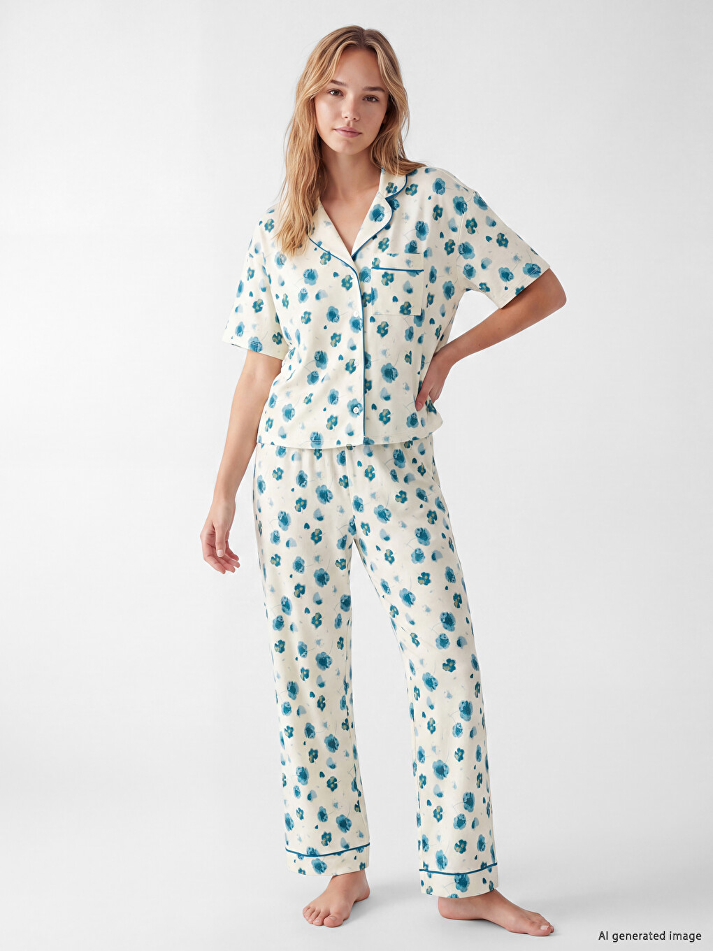 Ekru Gömlek Yaka Çiçekli Kadın Pijama Takımı-1