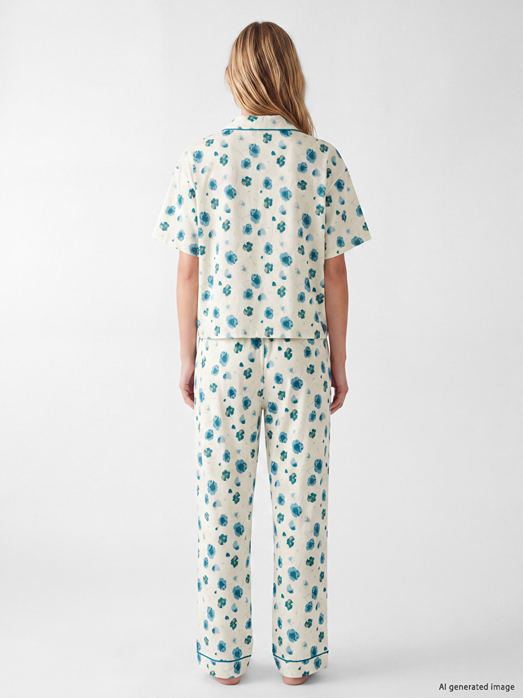 Ekru Gömlek Yaka Çiçekli Kadın Pijama Takımı-3