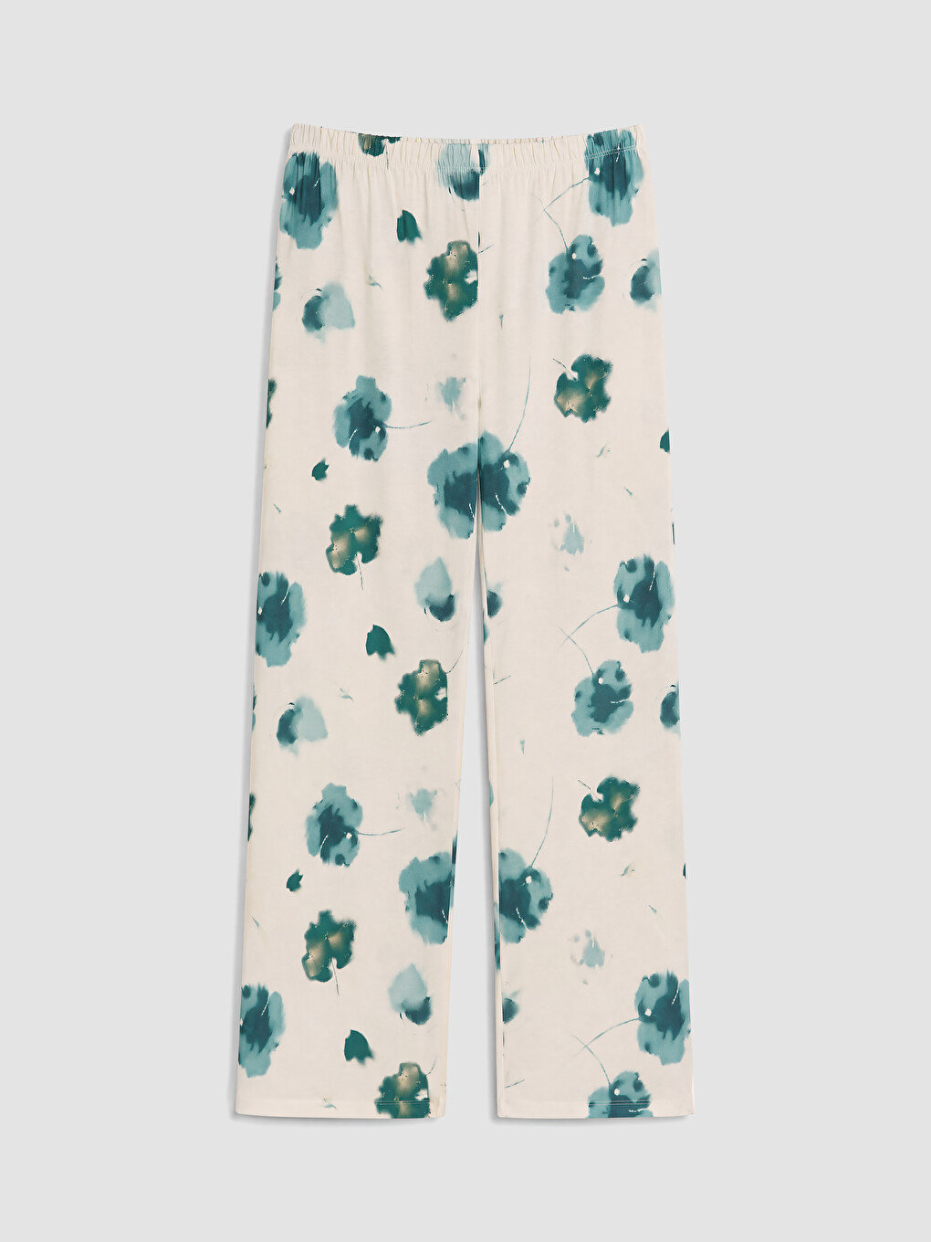 Ekru Beli Lastikli Çiçekli Kadın Pijama Altı