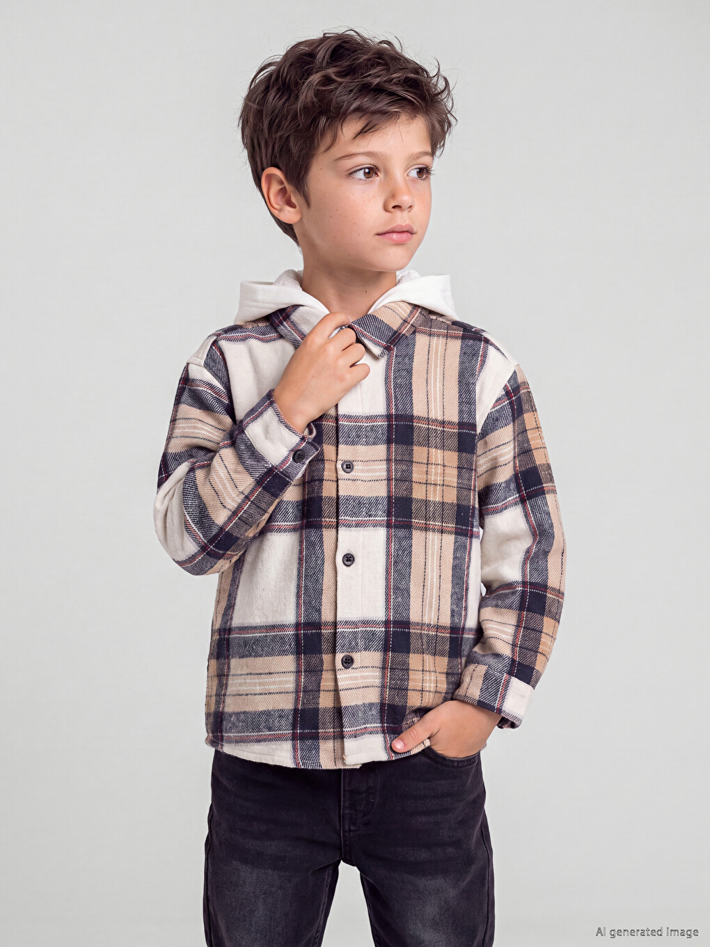 Hooded Plaid Twill Boys' Shirt