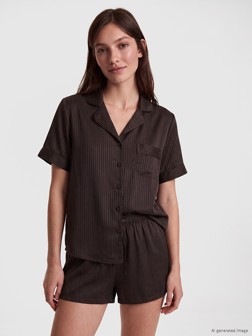 Kahverengi Çizgili Saten Kadın Şortlu Pijama Takımı-1