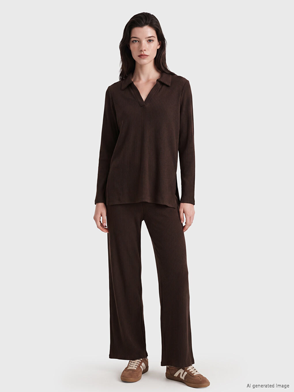 Polo Collar Women's Ribbed T-shirt-1