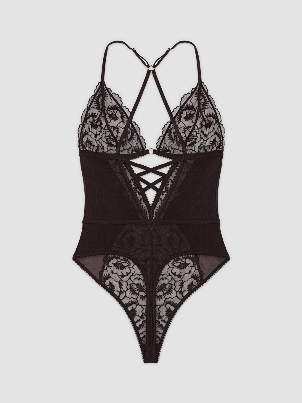Kahverengi V Yaka Nakışlı Brode Bodysuit