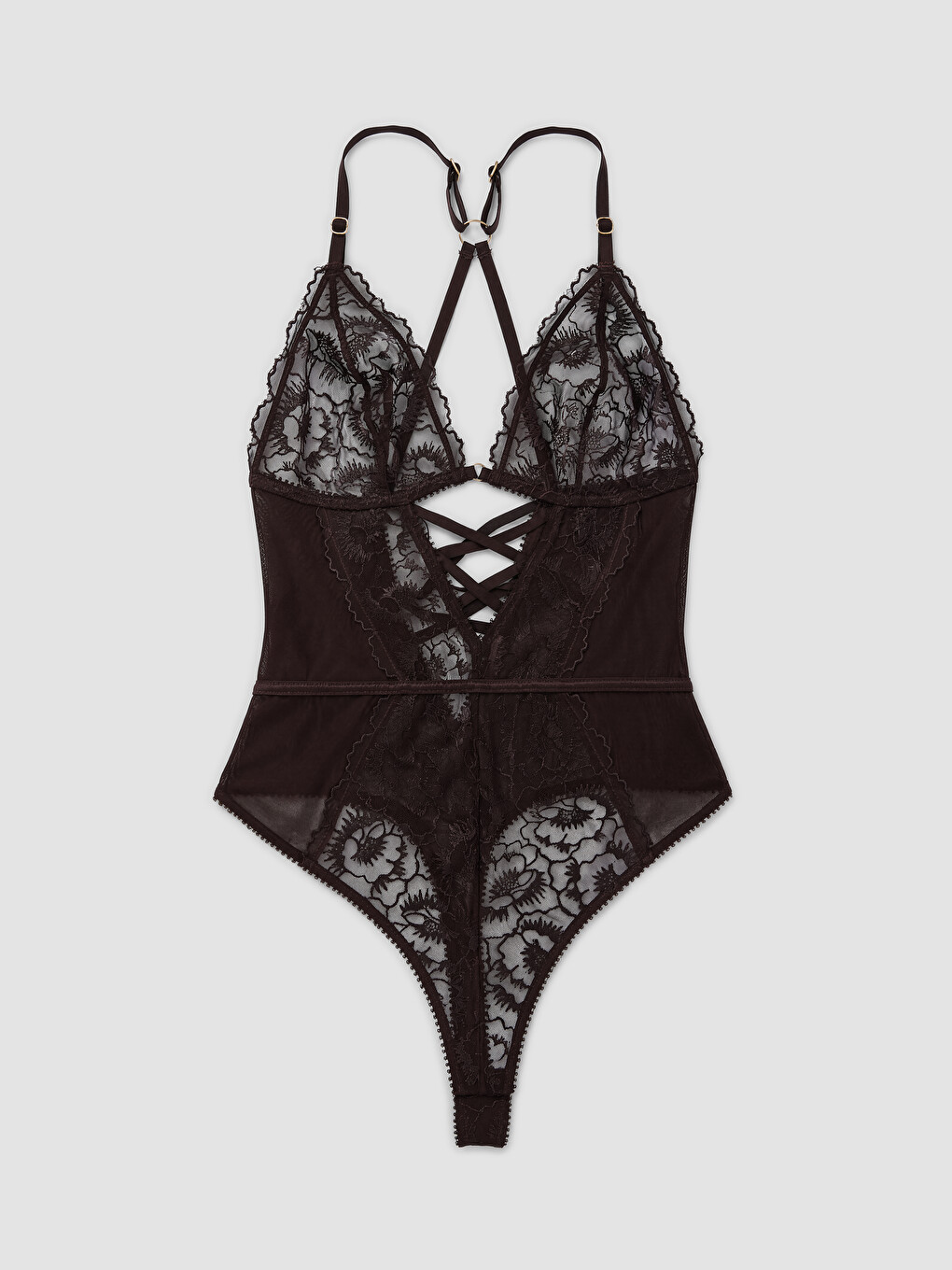 Kahverengi V Yaka Nakışlı Brode Bodysuit-1