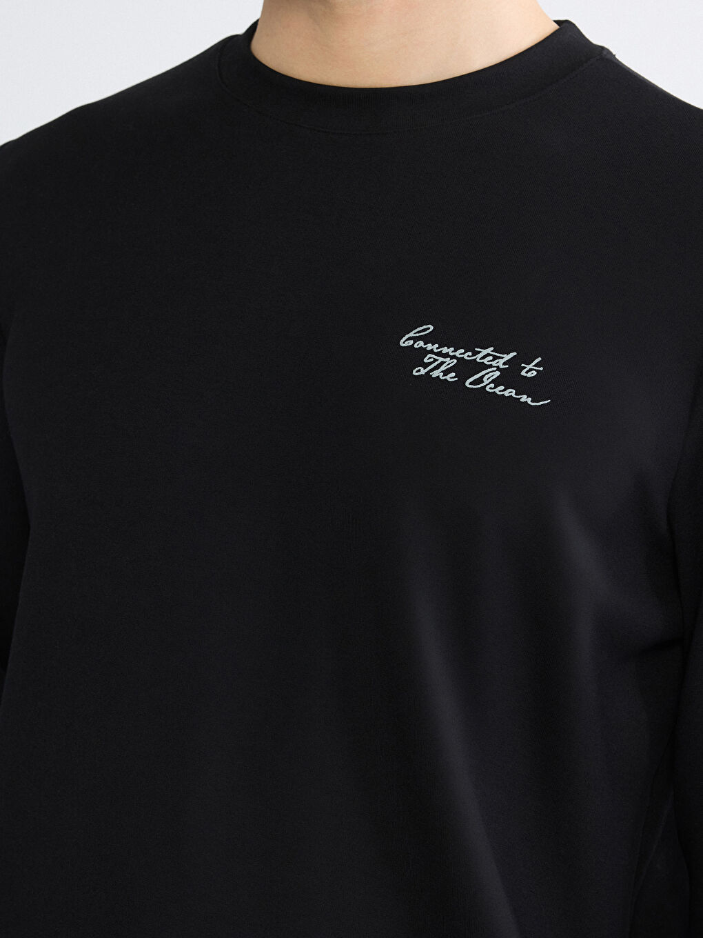 Siyah Bisiklet Yaka Nakışlı Erkek Sweatshirt-2