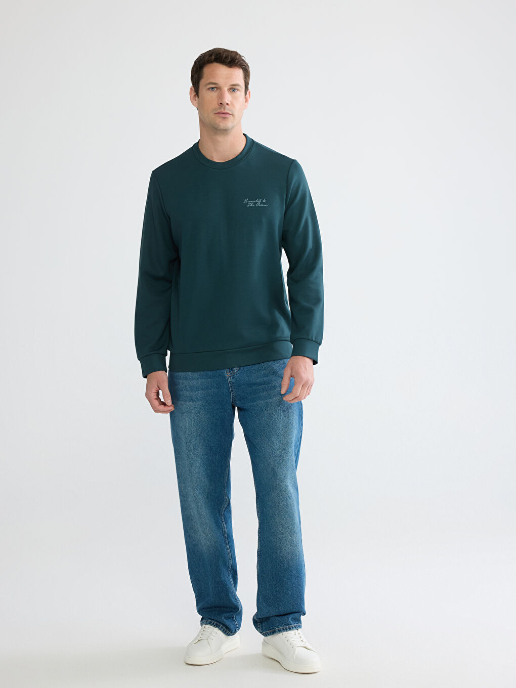 Petrol Bisiklet Yaka Nakışlı Erkek Sweatshirt-1