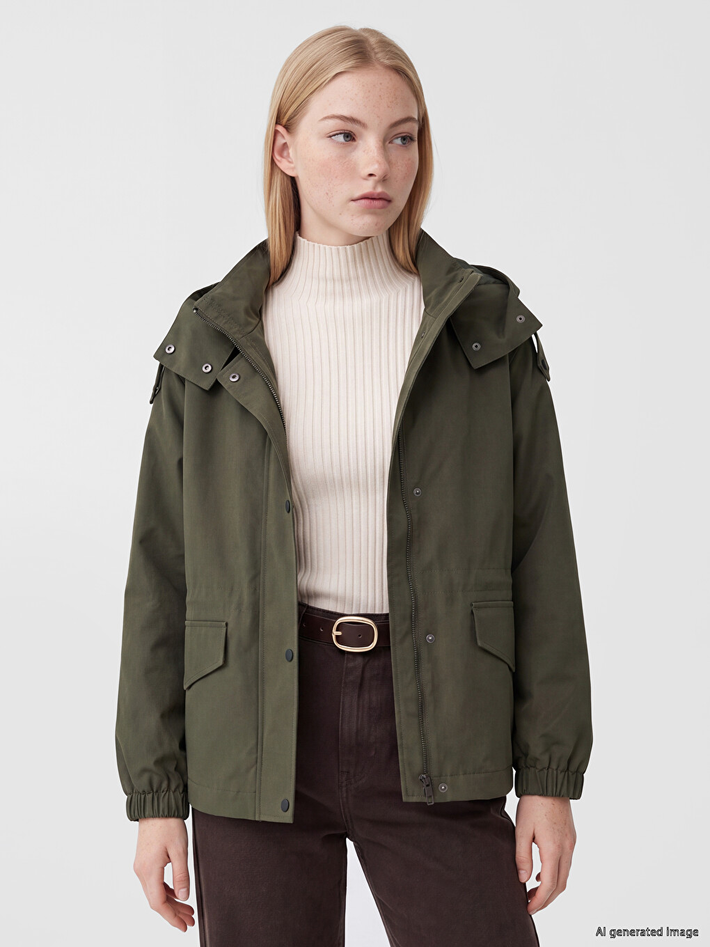 Haki Kapüşonlu Oversize Kadın Ceket