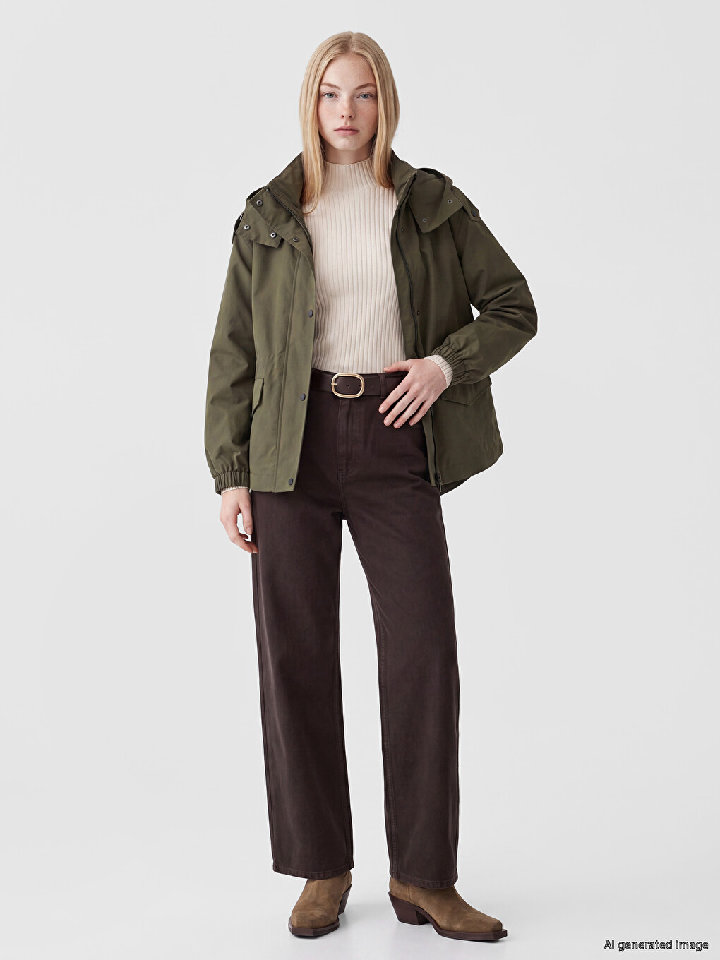 Haki Kapüşonlu Oversize Kadın Ceket-1