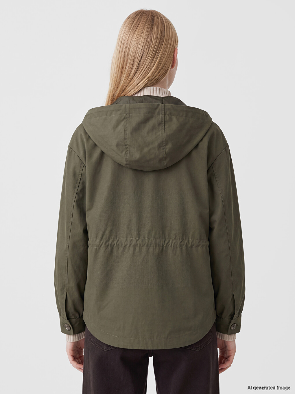 Haki Kapüşonlu Oversize Kadın Ceket-4