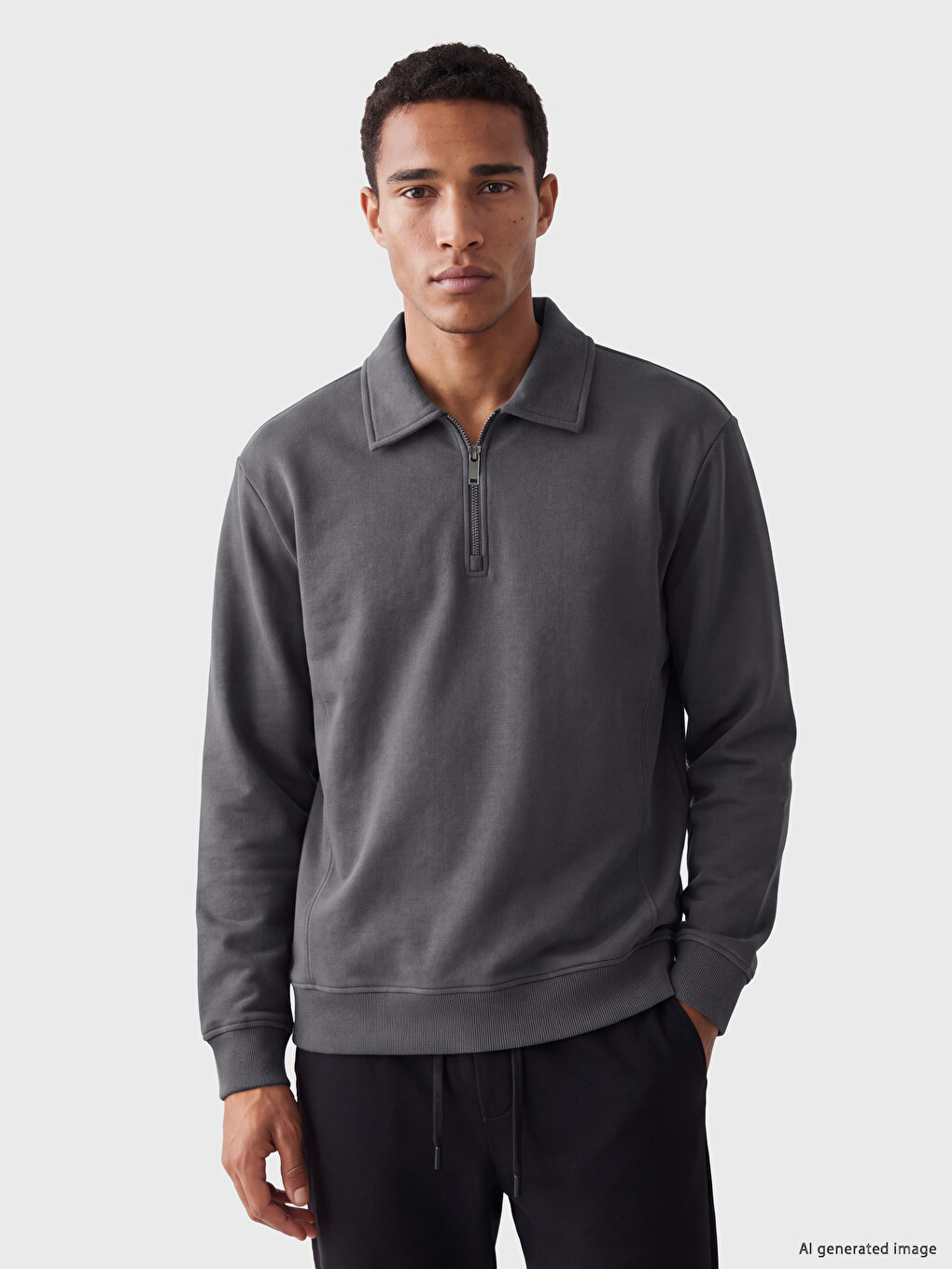 Gri Polo Yaka Erkek Sweatshirt