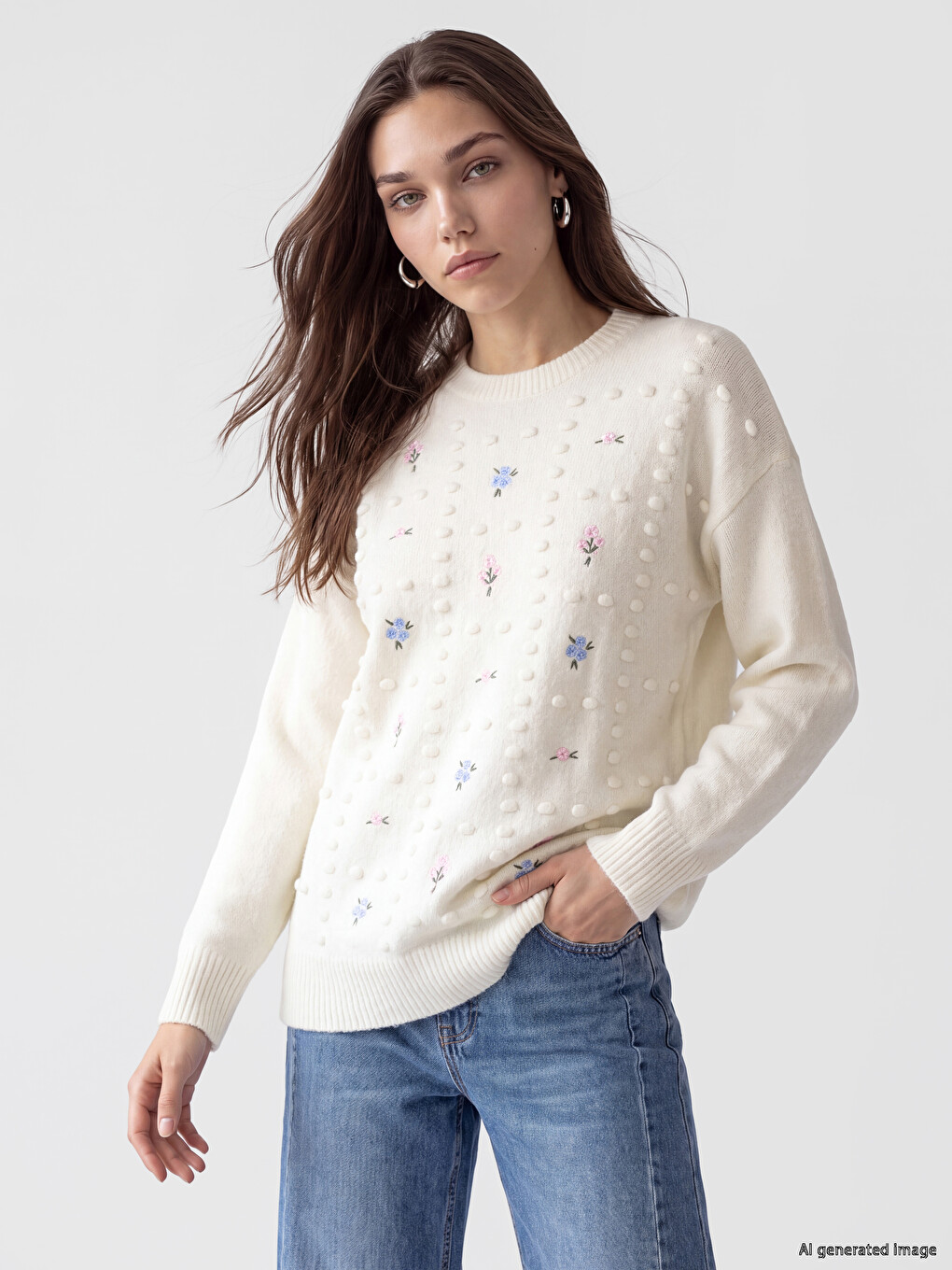 Crew Neck Embroidered Women's Knitwear Tunic