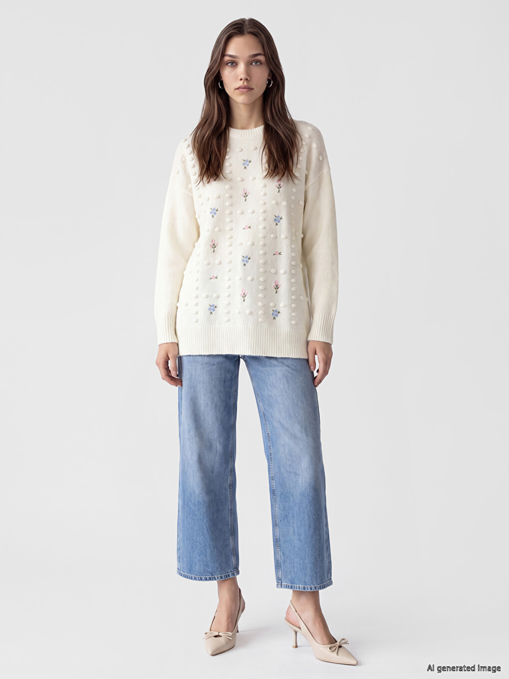Crew Neck Embroidered Women's Knitwear Tunic-1