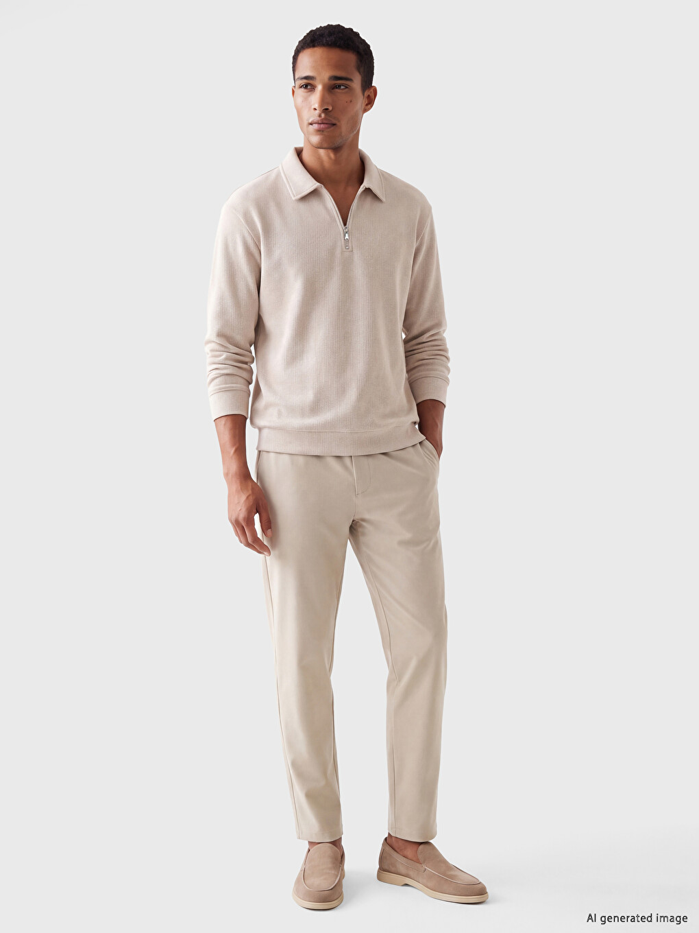 Bej Polo Yaka Erkek Kalın Sweatshirt-1