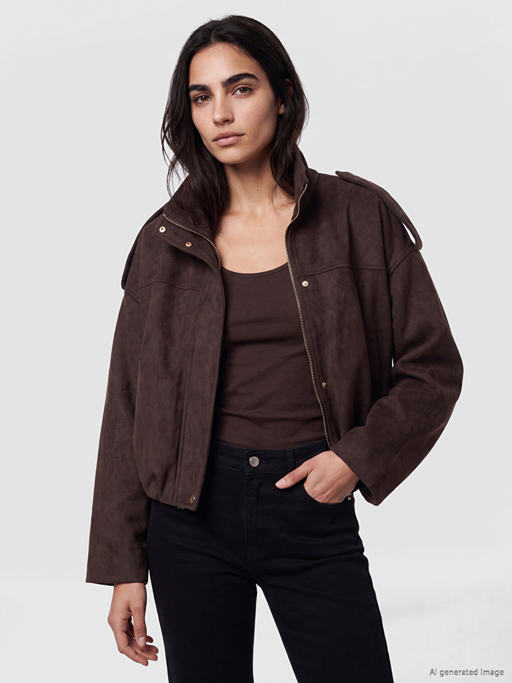 Kahverengi Oversize Kadın Bomber Süet Görünnümlü Ceket