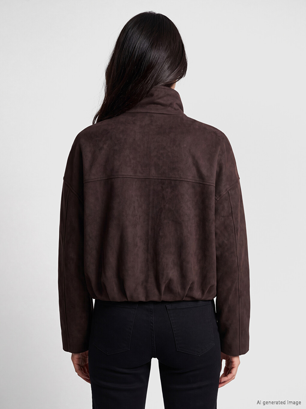Kahverengi Oversize Kadın Bomber Süet Görünnümlü Ceket-3
